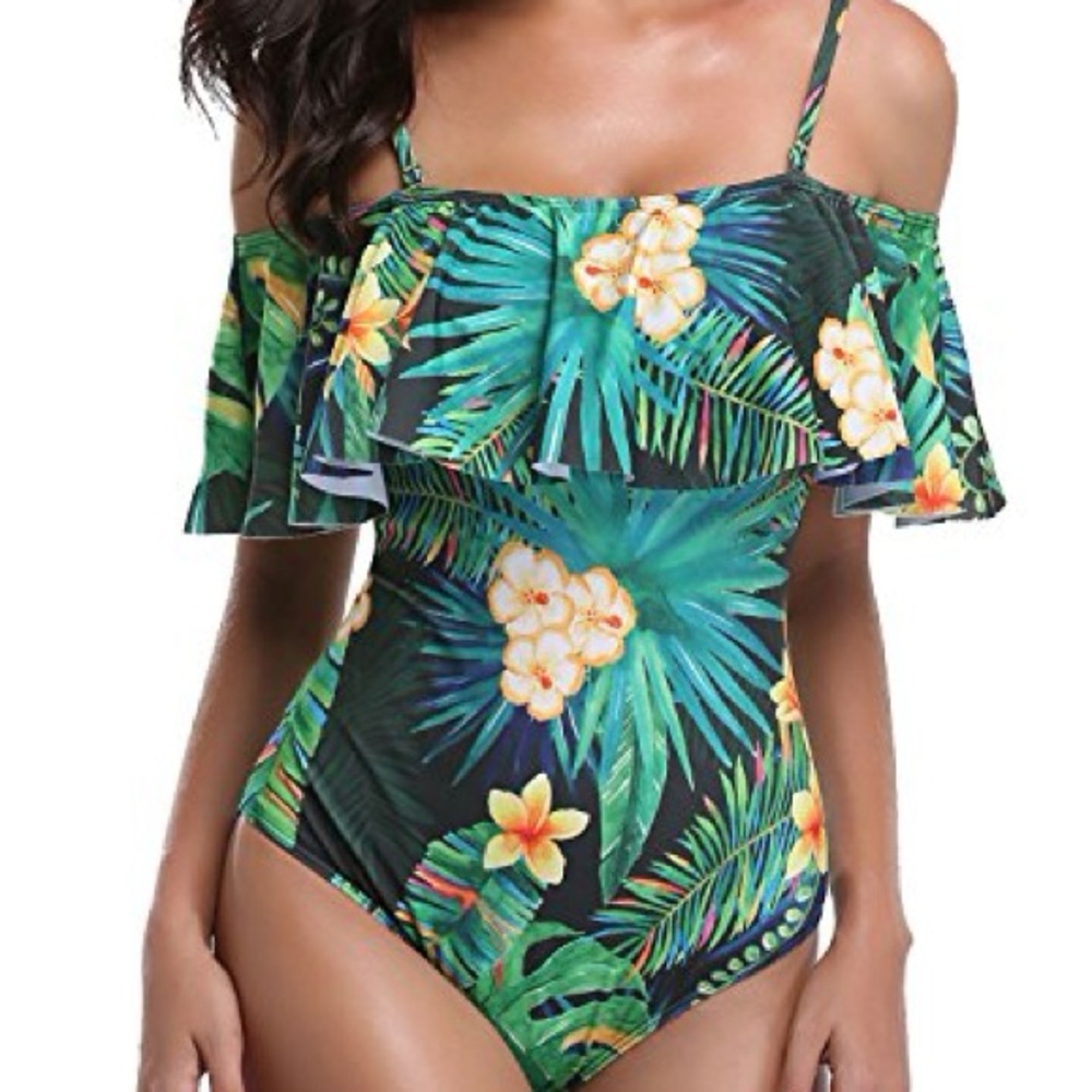 NWT Holipick Off the Shoulder Tropical Floral One-Piece Swimsuit - Picture 4 of 16